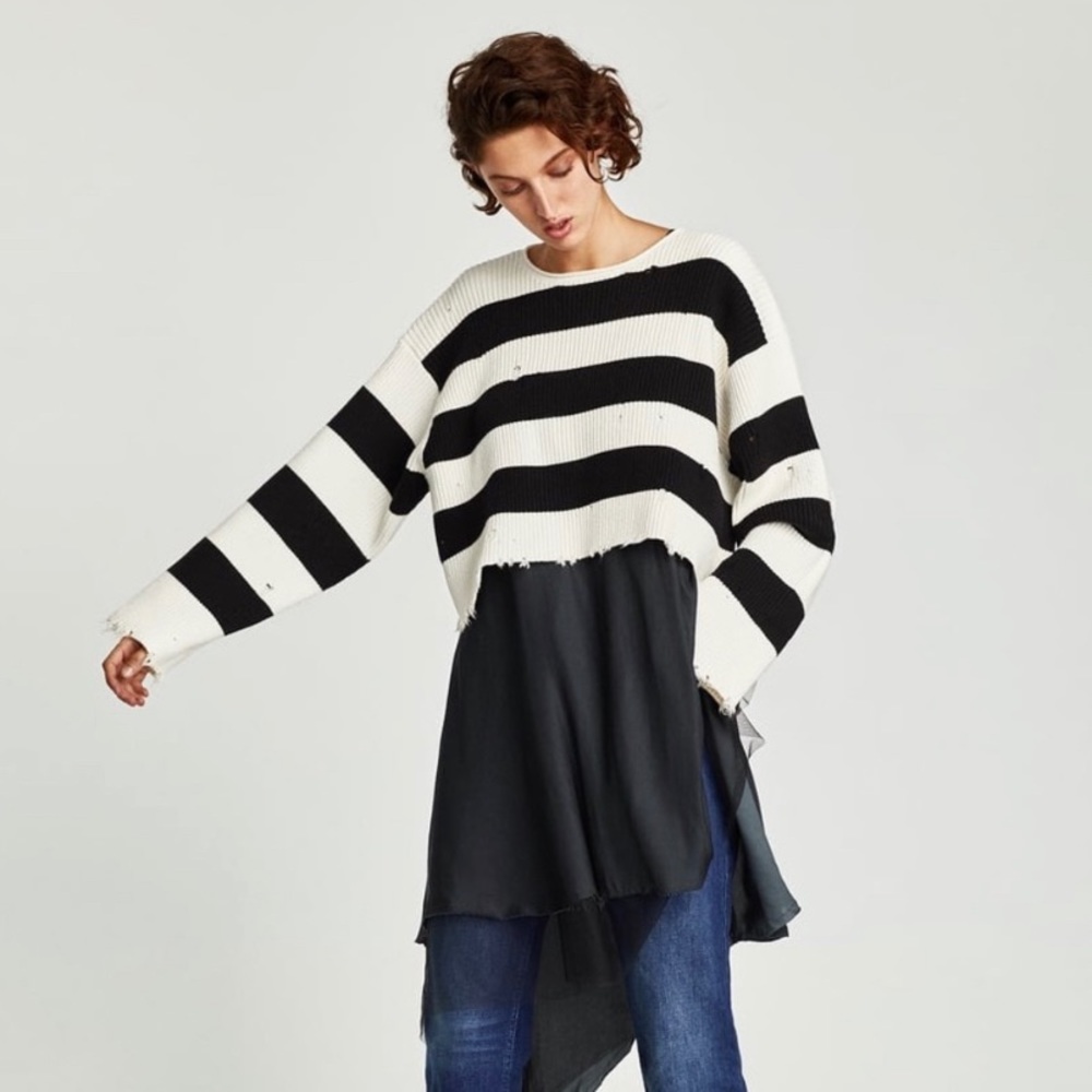 Zara Striped Ribbed Distressed Oversized Sweater